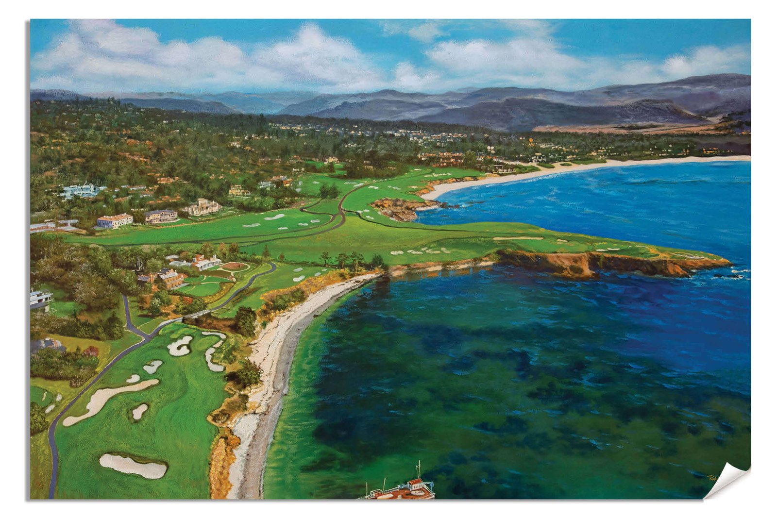 Aerial View Golf Club Course Pebble Beach Golf Links ATT Pro Am PGA Tournament Oil Painting Wall Art Print PblBchAirRiOil15