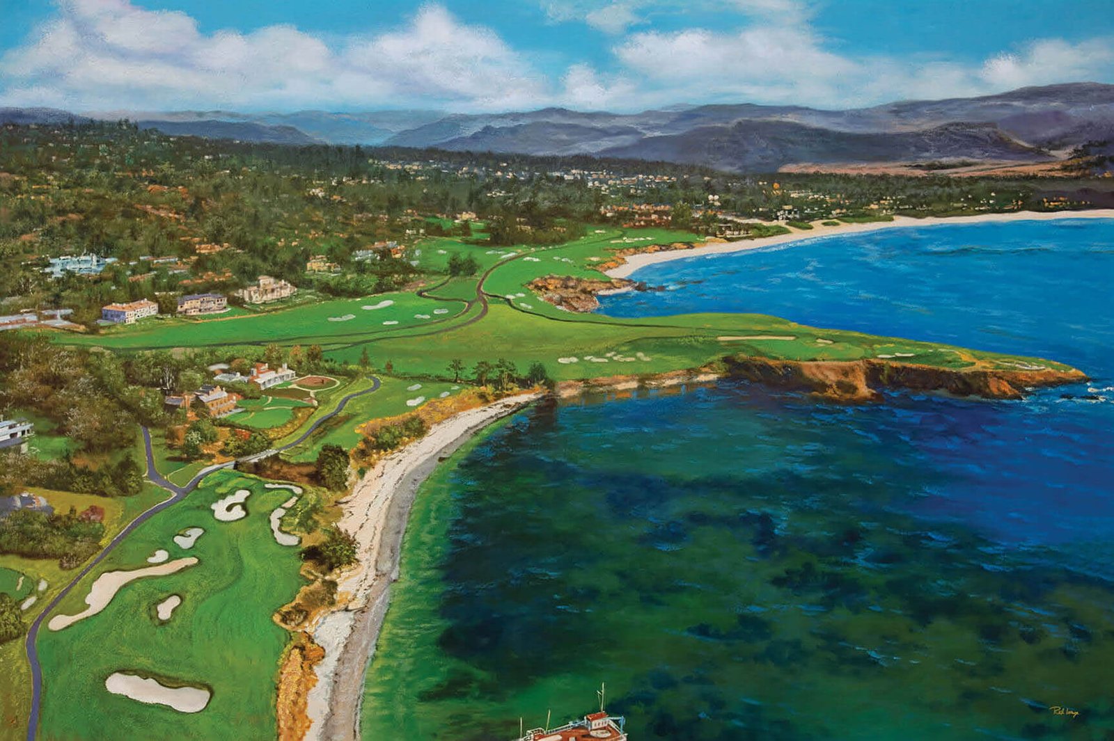 Aerial View Golf Club Course Pebble Beach Golf Links ATT Pro Am PGA Tournament Oil Painting Wall Art Print PblBchAirRiOil15 1