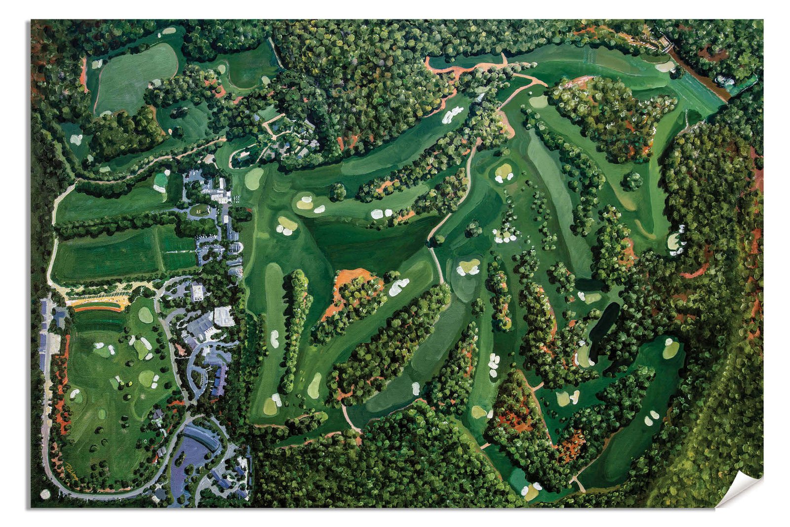 Augusta National Amen Corner White Dogwood Golden Bell Azalea Golf Course all 18 Holes artwork poster Aerial View painting print pic ANGCairRiOil1 RichimageArt.com
