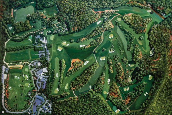 Augusta National Amen Corner White Dogwood Golden Bell Azalea Golf Course all 18 Holes artwork poster Aerial View painting print pic ANGCairRiOil1 RichimageArt.com 1