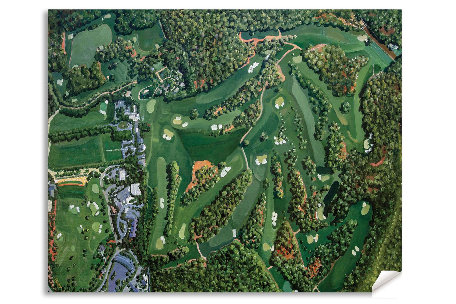 Augusta National Amen Corner White Dogwood Golden Bell Azalea Golf Course all 18 Holes artwork poster Aerial View painting print pic ANGCairRiOil1 RichimageArt.com 13