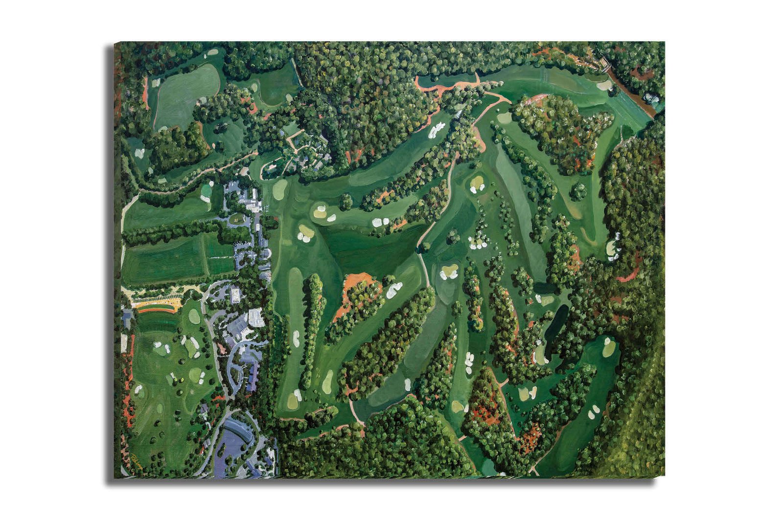 Augusta National Amen Corner White Dogwood Golden Bell Azalea Golf Course all 18 Holes artwork poster Aerial View painting print pic ANGCairRiOil1 RichimageArt.com 16