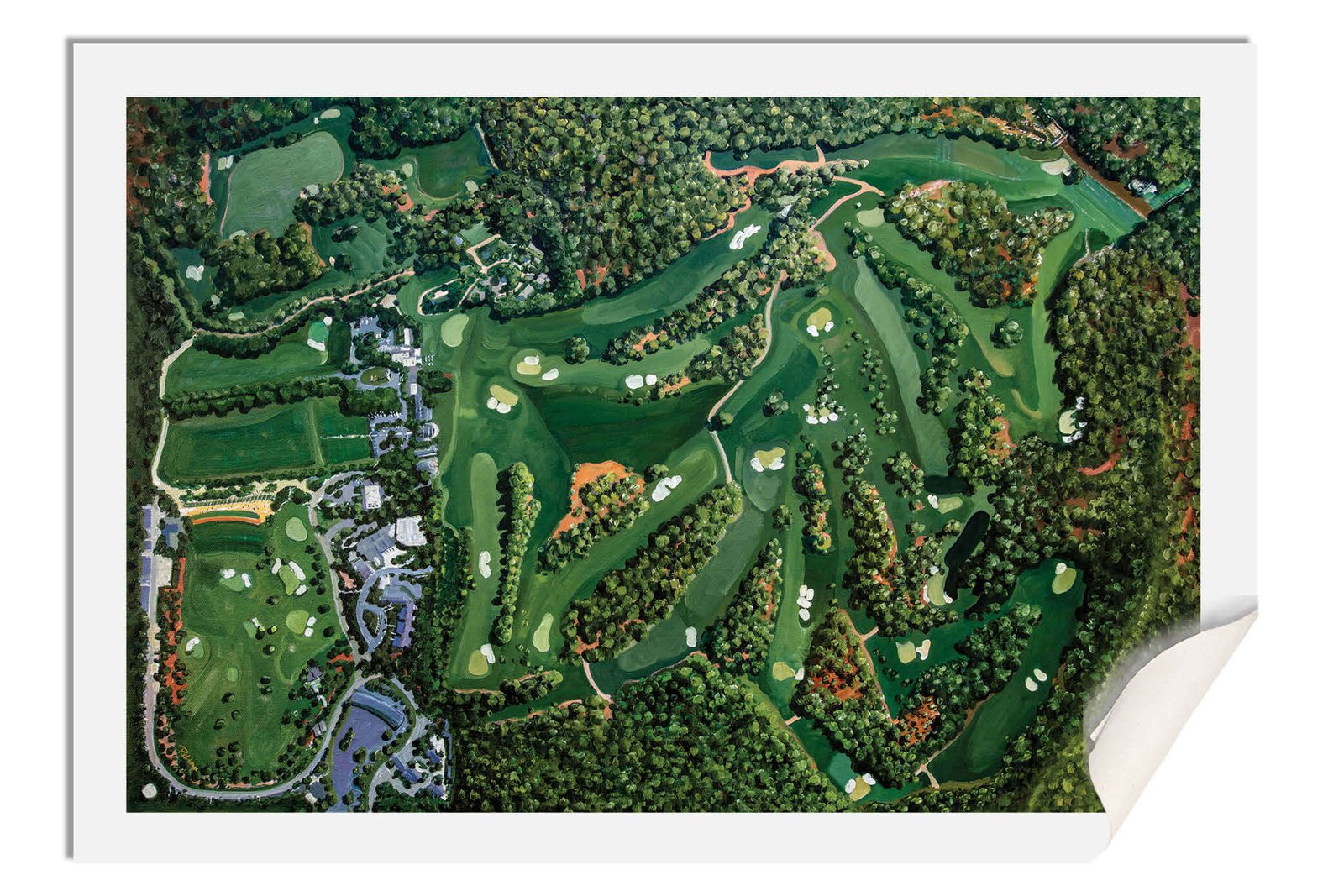 Augusta National Amen Corner White Dogwood Golden Bell Azalea Golf Course all 18 Holes artwork poster Aerial View painting print pic ANGCairRiOil1 RichimageArt.com 17