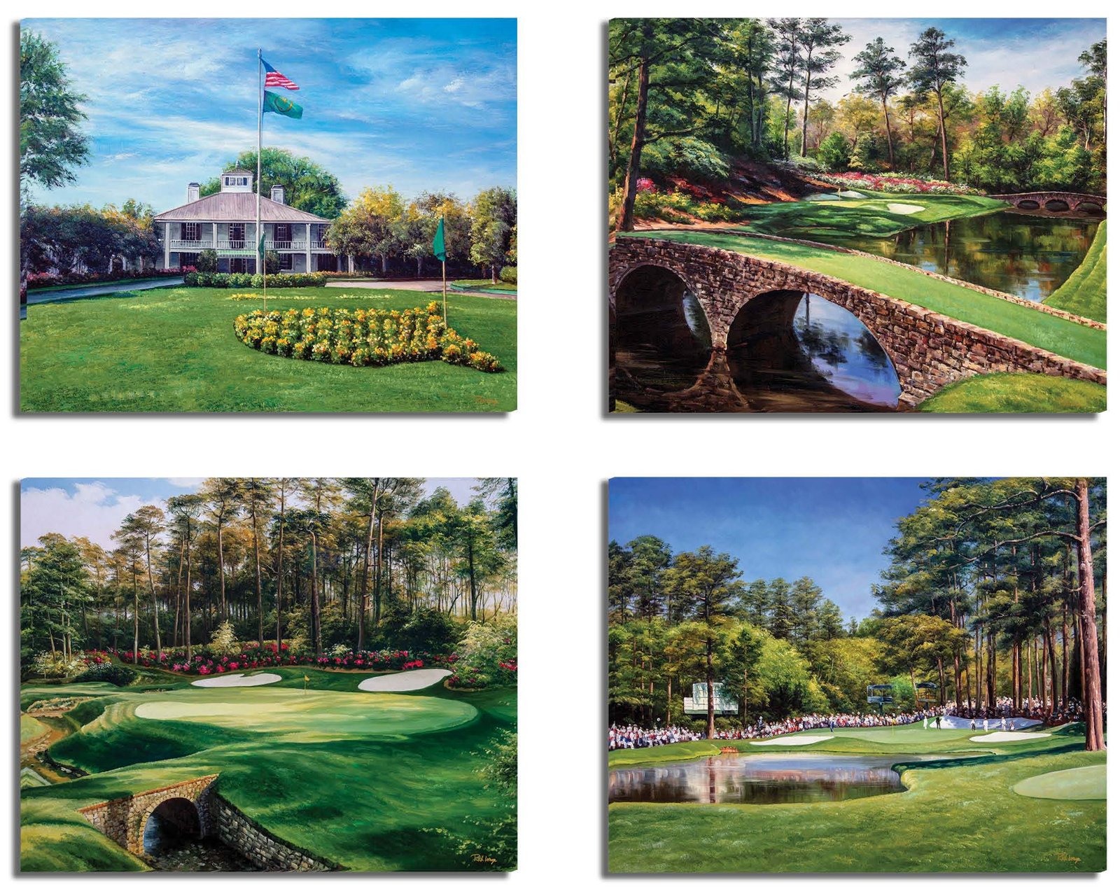 Augusta National Golf Club Redbud Hole 16 Clubhouse Club House pic Golden Bell Hole 12 poster Golf painting print artwork ANGC4combo