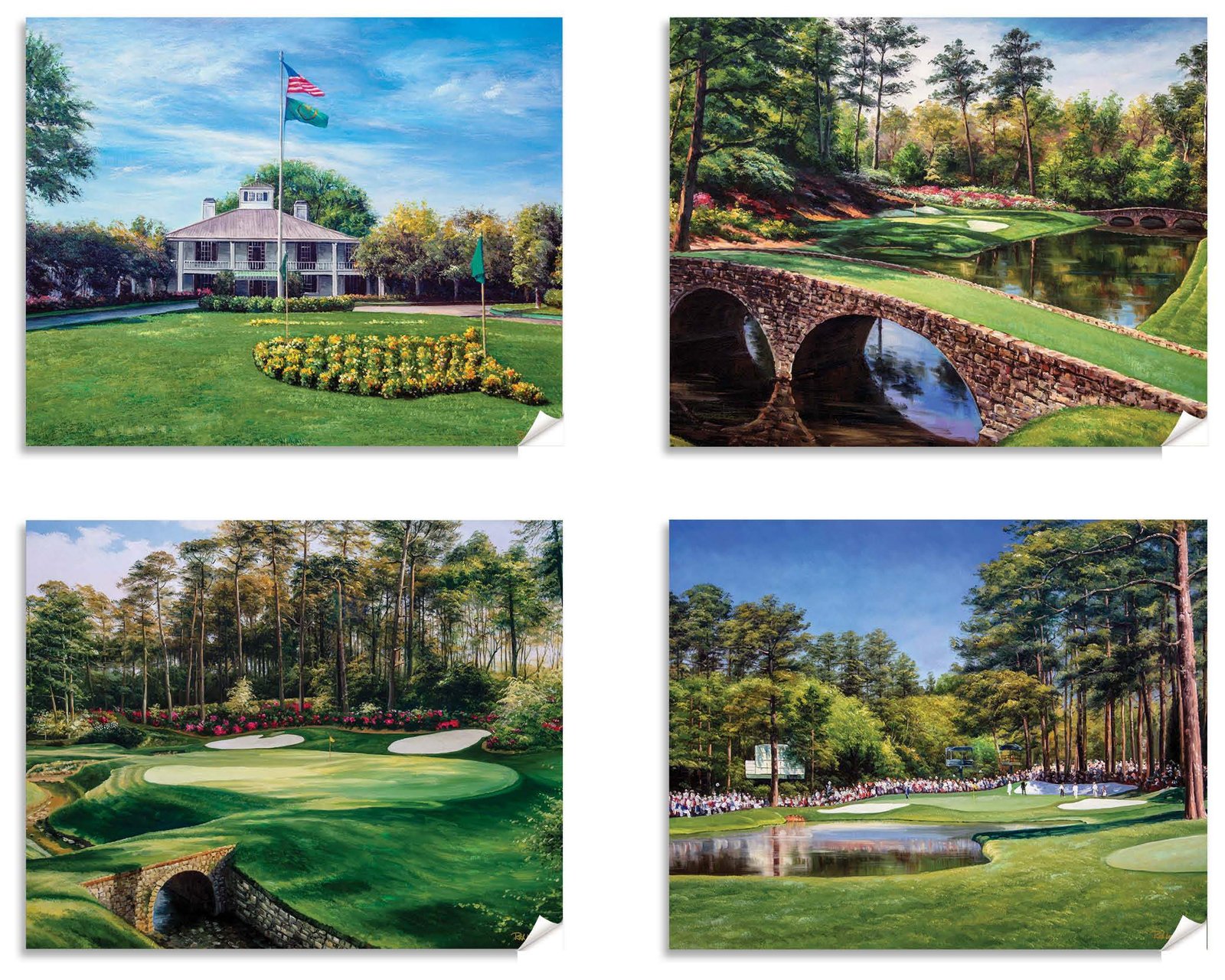 Augusta National Golf Club Redbud Hole 16 Clubhouse Club House pic Golden Bell Hole 12 poster Golf painting print artwork ANGC4combo 11