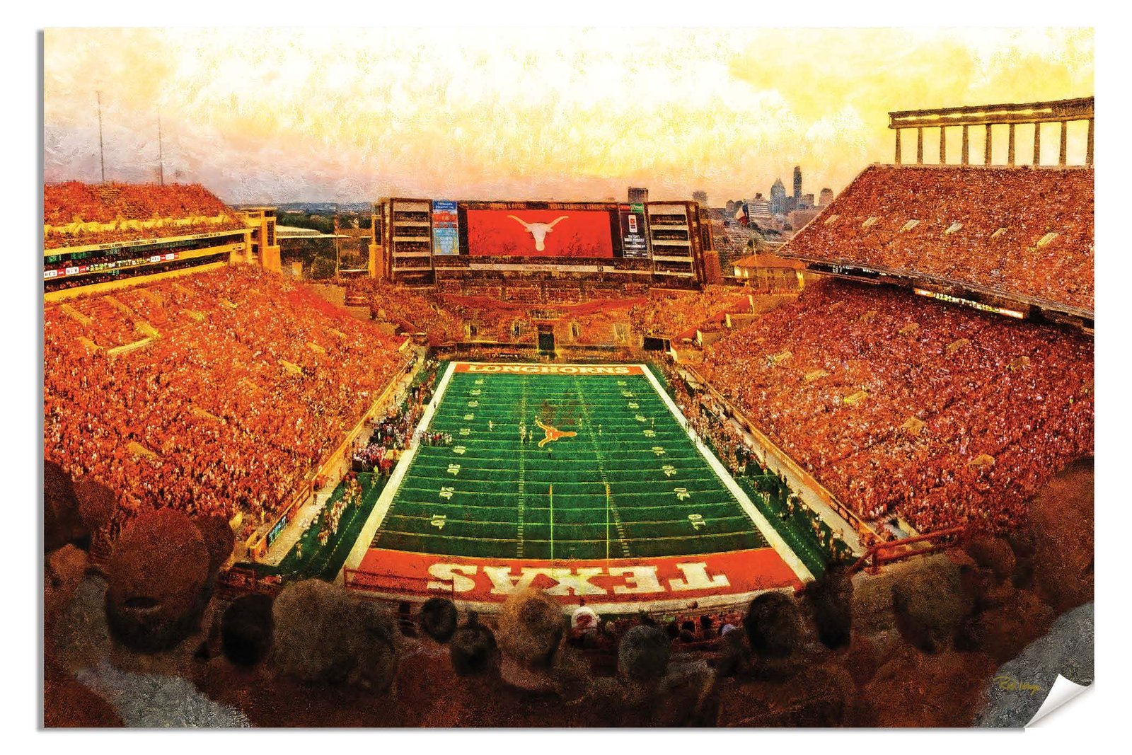 Texas Football poster painting print pic football team field Darrell K Royal Texas Memorial Stadium College NCAA Longhorns artwork TxLnghrn1MC1
