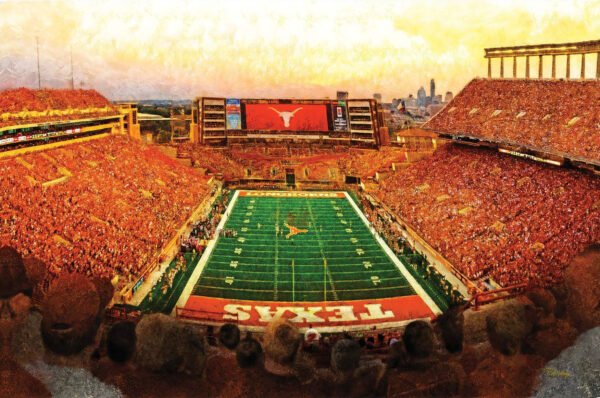 Texas Football poster painting print pic football team field Darrell K Royal Texas Memorial Stadium College NCAA Longhorns artwork TxLnghrn1MC1 1
