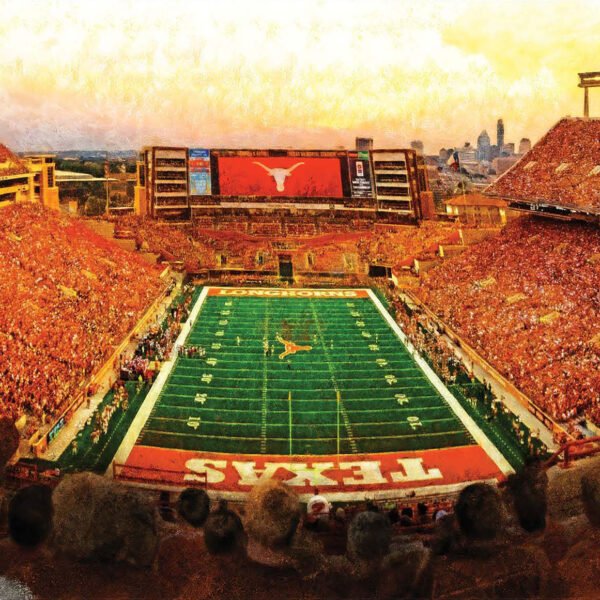 Texas Football poster painting print pic football team field Darrell K Royal Texas Memorial Stadium College NCAA Longhorns artwork TxLnghrn1MC1 1